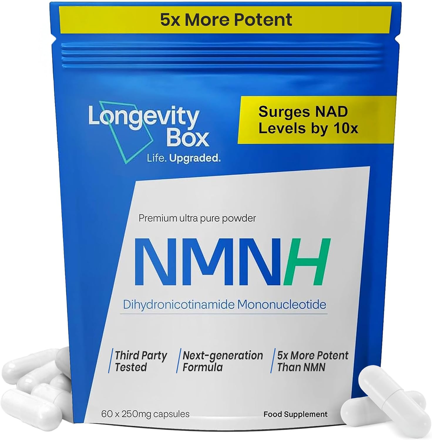 NMNH NMN Alternative 60 x 250mg - 5X More Potent Than NMN, Advanced NAD+ Booster, Dihydronicotinamide Mononucleotide for Healthy Aging, Energy, DNA Repair & Cellular Health, 60 Capsules