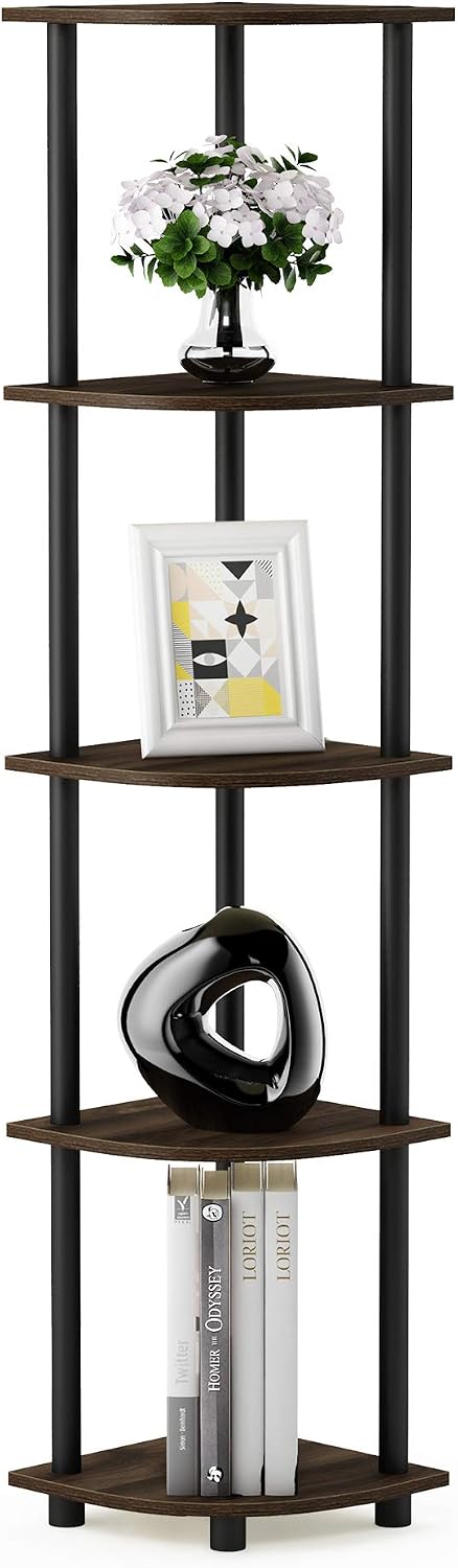 Furinno Turn-N-Tube 5 Tier Corner Display Rack Multipurpose Shelving Unit, 1-Pack, Columbia Walnut/Black