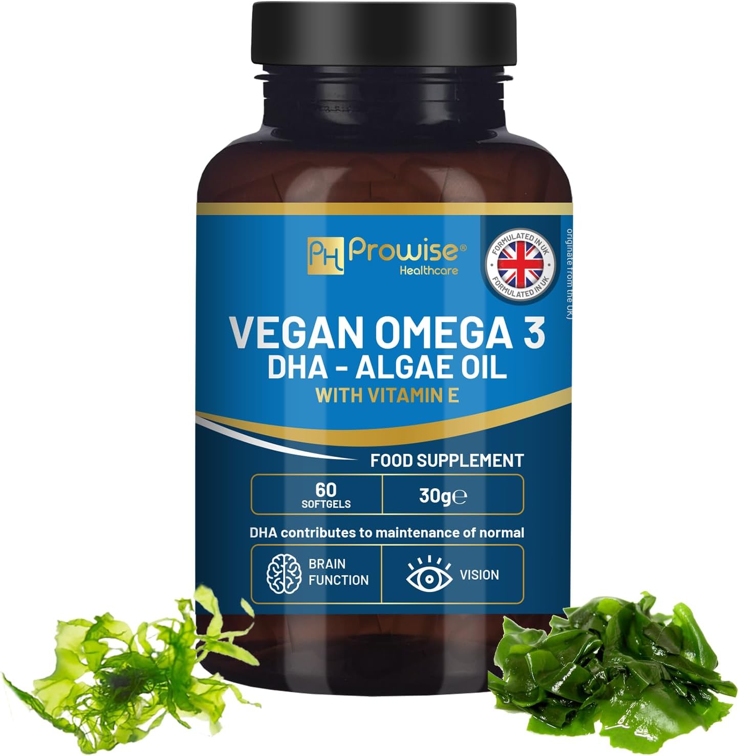 Prowise Vegan Omega-3 DHA from Algae Oil | 60 Softgels with Vitamin E | 400mg DHA + 10mg Vitamin E | 100% Plant-Based | Pure & Sustainable Sourced