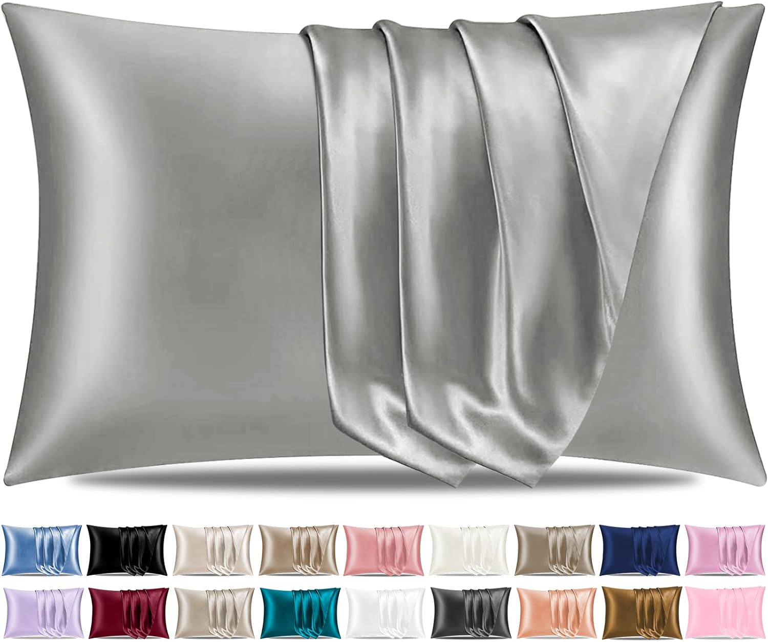 Pamposh Satin Silk Pillowcases For Hair And Skin 2 Pack Standard Size with Envelope Closure (2 Pcs Pillowcases (50 x 75 cm), Grey)