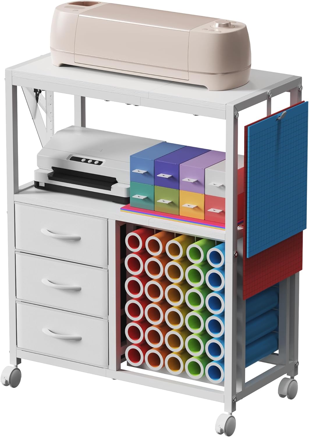 30 Vinyl Roll Holders for Cricut Cart, Rolling Craft Cart with 3 Fabric Drawer, Craft Organization and Storage Compatible with Cricut Maker Machine, Crafting Cabinet Table Workstation, White