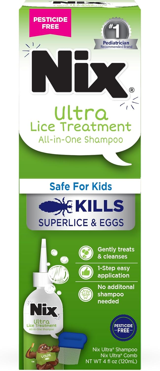 Nix Ultra Superlice Treatment, All-in-One Shampoo, 4 Fl Oz & Lice Removal Comb
