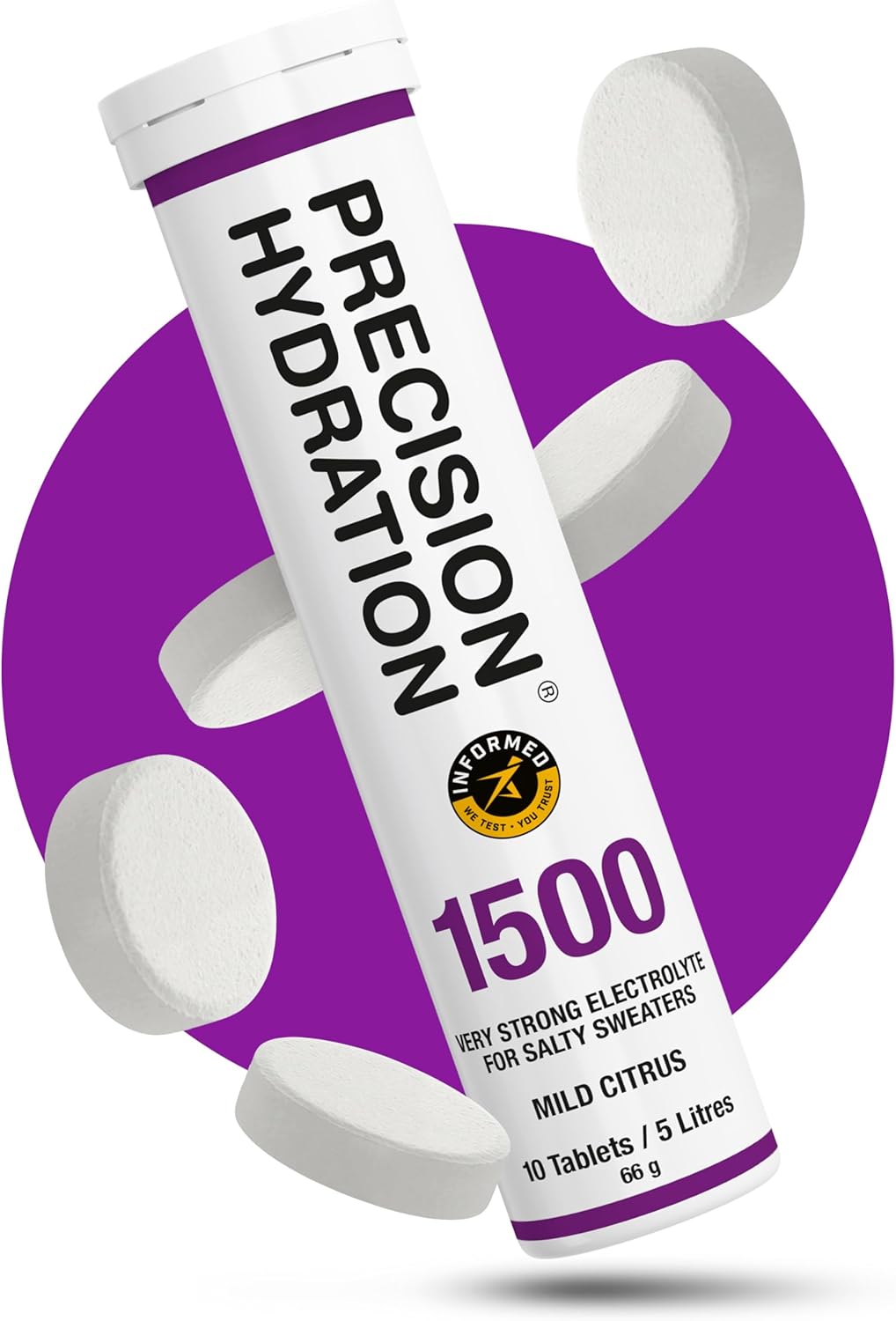 Precision Hydration Electrolytes Tablets - Multi Strength Effervescent Hydration Tablet - Low Calorie, Gluten Free, Vegan/Vegetarian Friendly, Mild Citrus Flavour (1500mg/l - Purple, 1 Tube)