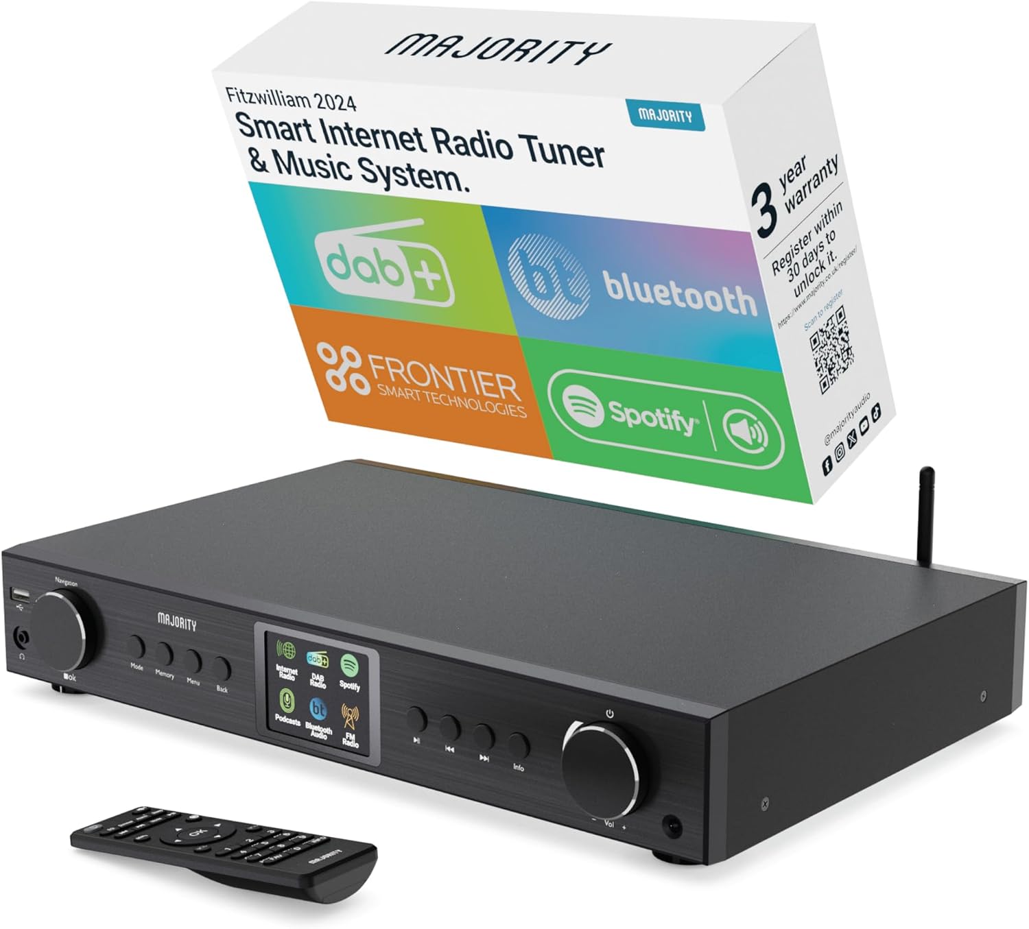 Bluetooth Internet Radio with DAB+ | Digital Tuner for Hifi Stack | FM, Spotify Connect, Podcasts | 90+ Presets, Colour LED Display | USB, AUX, RCA | Remote Control | MAJORITY Fitzwilliam 2024 Black