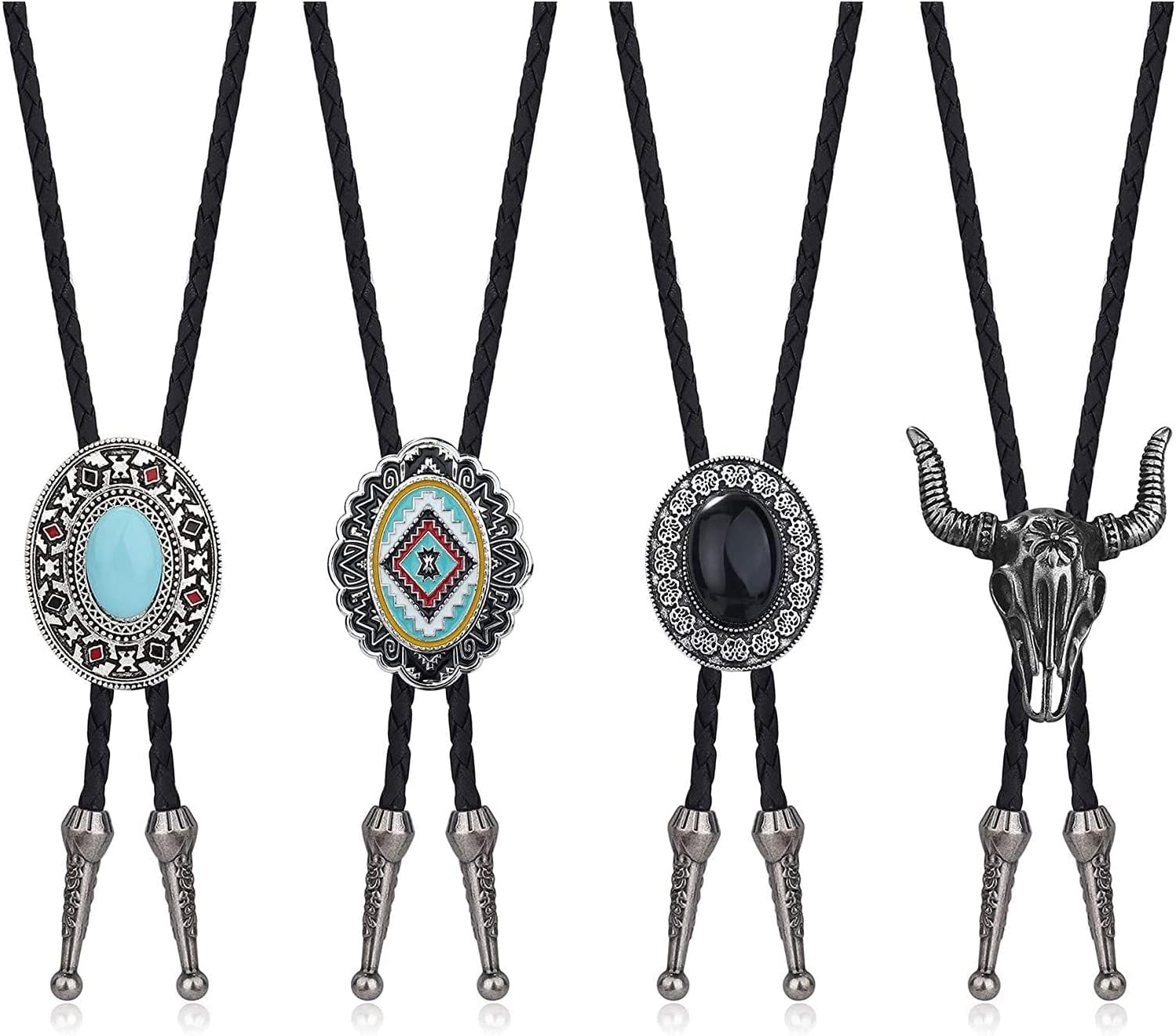 MILACOLATO 4Pcs Western Cowboy Vintage Bolo Tie Men Handmade Leather Round Shape Black Vintage Turquoise Pendant Bolo Ties Necktie for Women,Men
