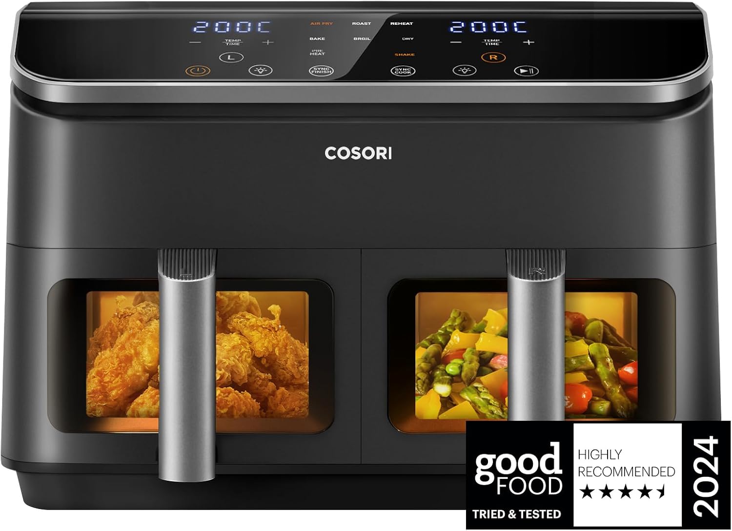 COSORI Dual Air Fryer, 8.5L Family Size, 8-In-1, Air Fry, Roast, Bake, Reheat, Dehydrate, Grill, Sync Cook & Finish, Fast and Energy Save, Healthy 50+ Online Recipes, 5 Accessories, Non-Stick
