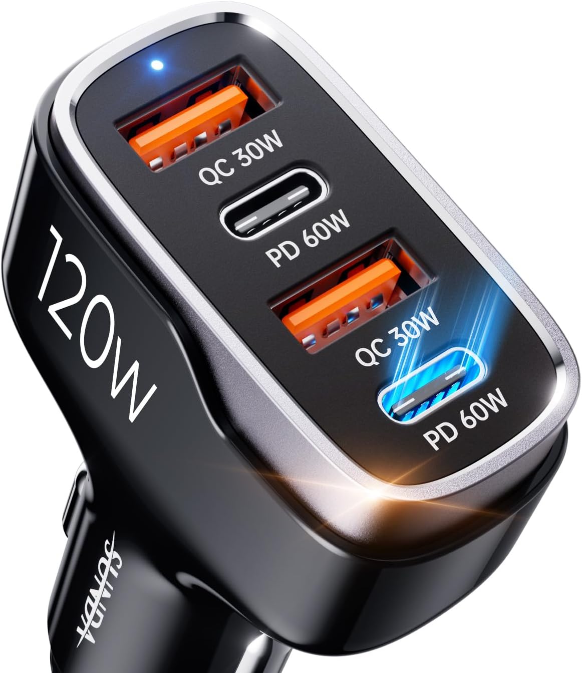 SUNDA 120W USB C Fast Car Charger, 4-Ports Car Charger Adapter, Dual Type C PD60W/PPS60W Compatible with iPhone16/15 Pro/Max/iPhone14/Galaxy/SamsungS24, Dual USB-A 18W QC3.0 for Android(Black)