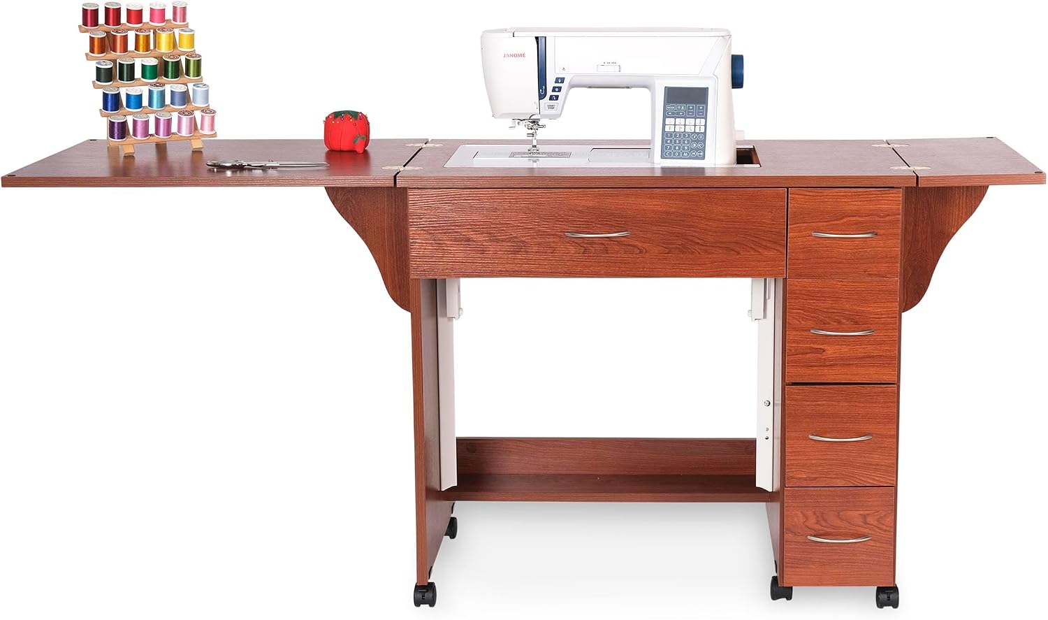 Arrow Classic Sewing Furniture Alice Compact Mid-Size Sewing Cabinet with Hydraulic Machine Lift, Drawers, Expandable Leaves, Locking Wheels - Teak