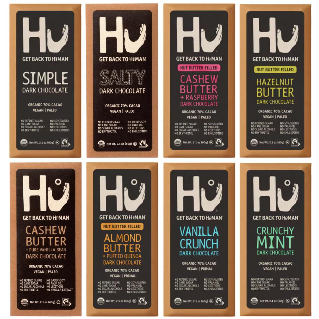 HU Dark Chocolate Bars Variety Pack, 8 Count – Simple, Salty, Cashew Buter Raspberry, Hazelnut Btr, Cashew Bttr & Vanilla Bean, Almond Butter & Puffed Quinoa, Vanilla Crunch & Crunchy Mint – Premium Dark Chocolate Bars