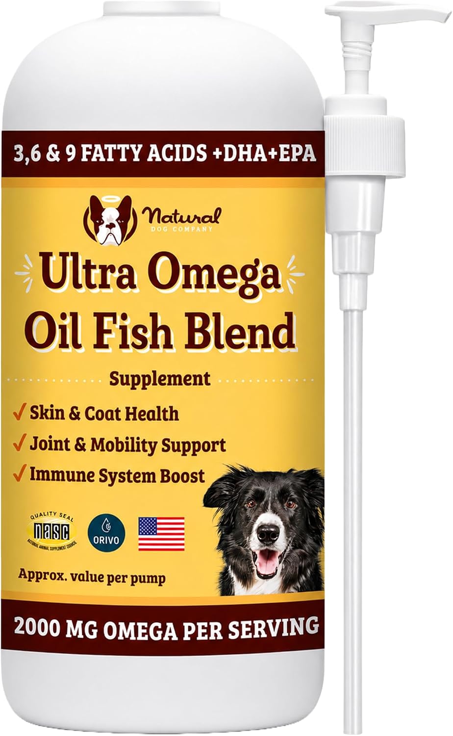 Natural Dog Company Ultra Omega Oil for Dogs a 2000 MG Omega 3, 6, 9 with Salmon, Pollock & Flaxseed Oil, EPA & DHA, Dog Supplement for Skin, Coat, Joints, Allergy & Itch Relief, Dog Fish Oil 16oz