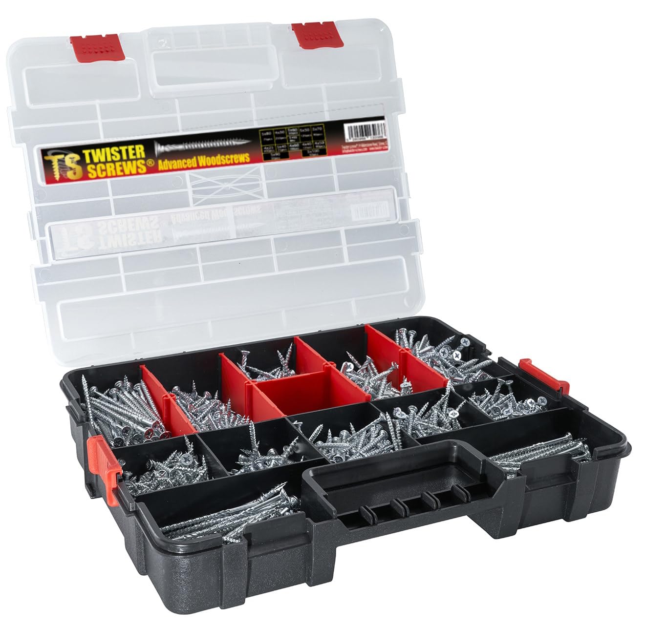 TwisterScrews Multipurpose Woodscrew MultiBox - 1280pcs 12 sizes Self Coutersinking Head Self Drilling Thread in Sturdy latchable Organiser plastic box + 5 X POZI bits - DIY-Screws Assortment Kit