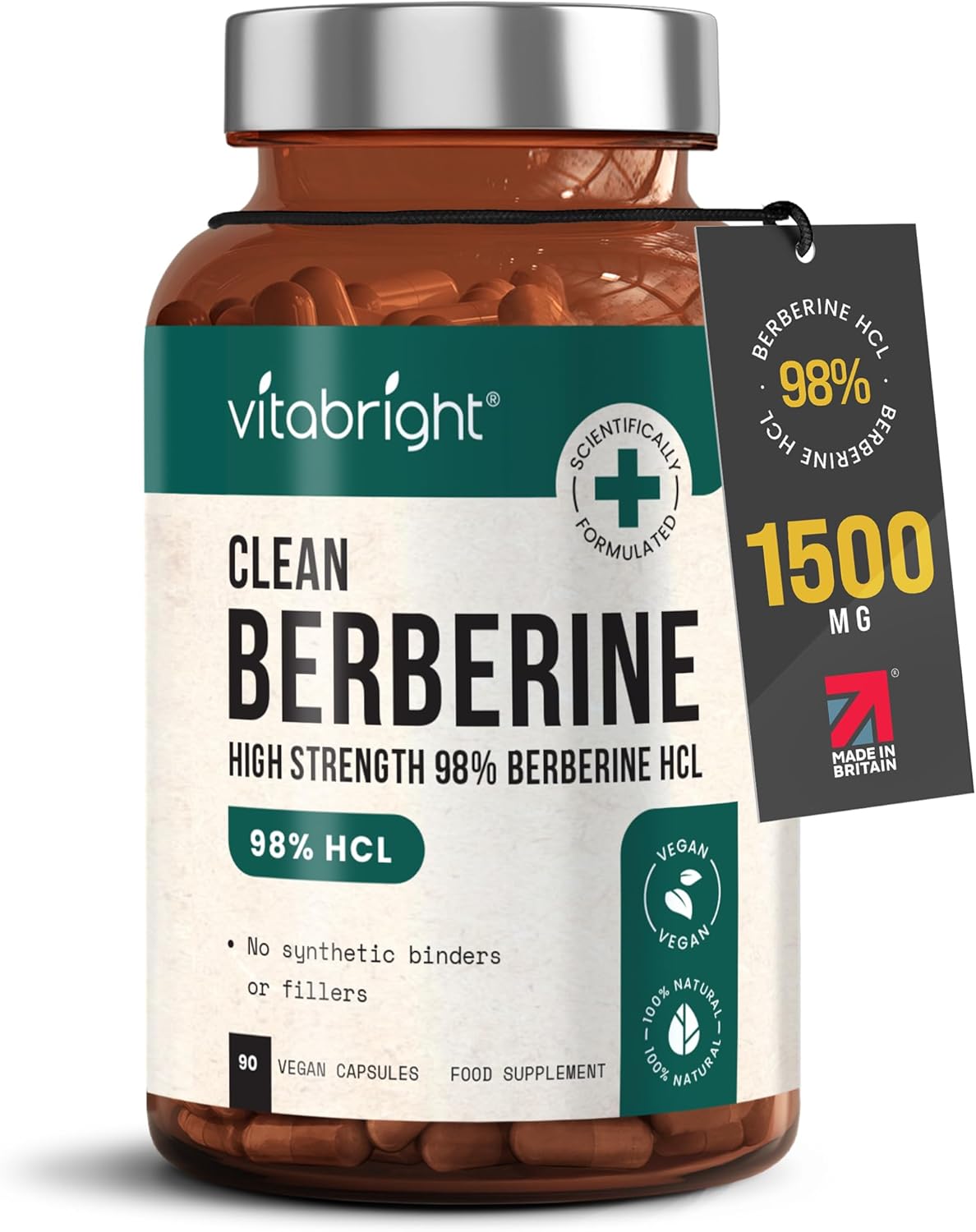 VitaBright Berberine Supplement 500mg Capsules x 90 | 98% Pure Berberine HCL | 500mg - 1000mg - 1500mg take 1 to 3 Capsules Before Meals | Clean High Strength Berbarine