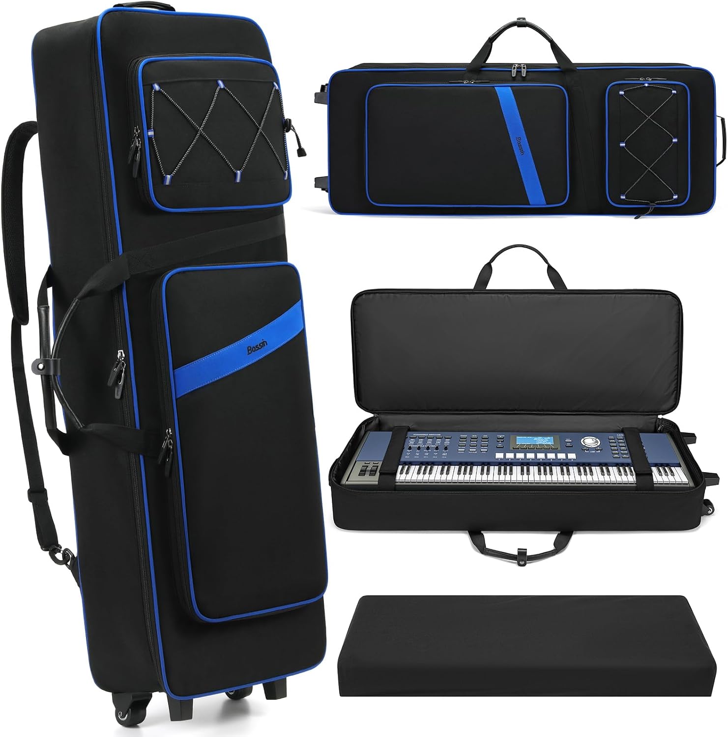 BOSSTIN 61 Key Keyboard Case with Wheels, Rolling Piano Gig Bag, Blue