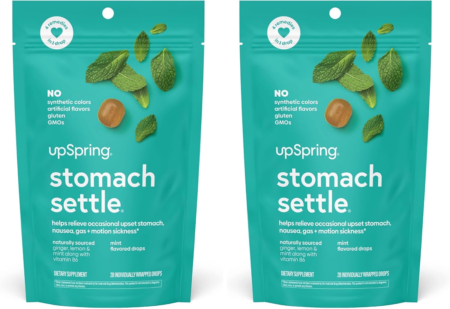 UpSpring Stomach Settle Drops for Occasional Nausea Relief/Upset Stomach with Ginger, Lemon, Spearmint, and B6. Mint Flavor Drops, 28 Ct(Packaging May Vary) (Pack of 2)