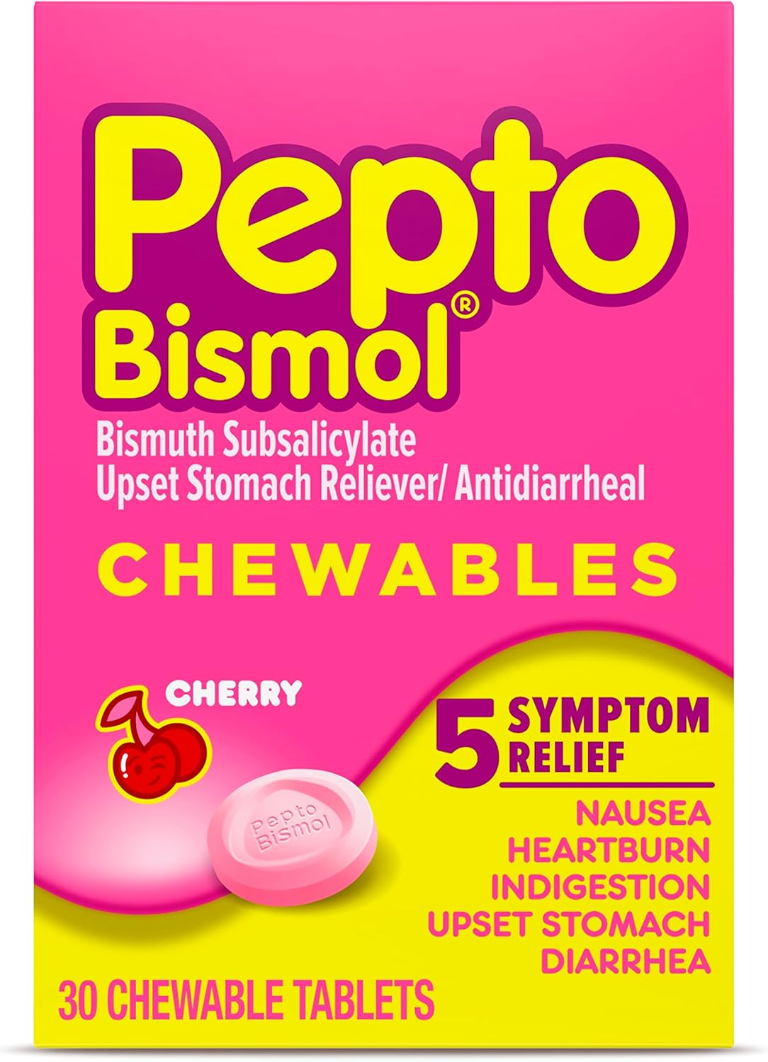 Pepto Bismol Chewables, Upset Stomach Relief, Bismuth Subsalicylate, Multi-Sympton Relief of Gas, Nausea, Heartburn, Indigestion, Diarrhea, Cherry Flavor, 30 Tablets