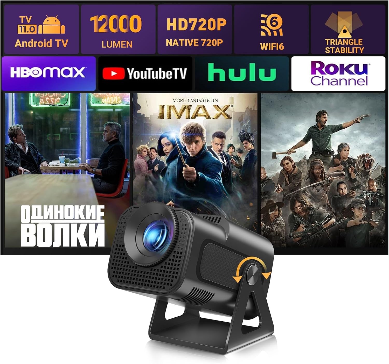 Portable Mini Projector XGODY Gimbal5 - Mini Smart Android 11 HD Projector Supports 1080P 4K WiFi6 BT Home Theater Video Projector with 180° Rotatable Stand Auto Keystone for Android, iOS Matte Black