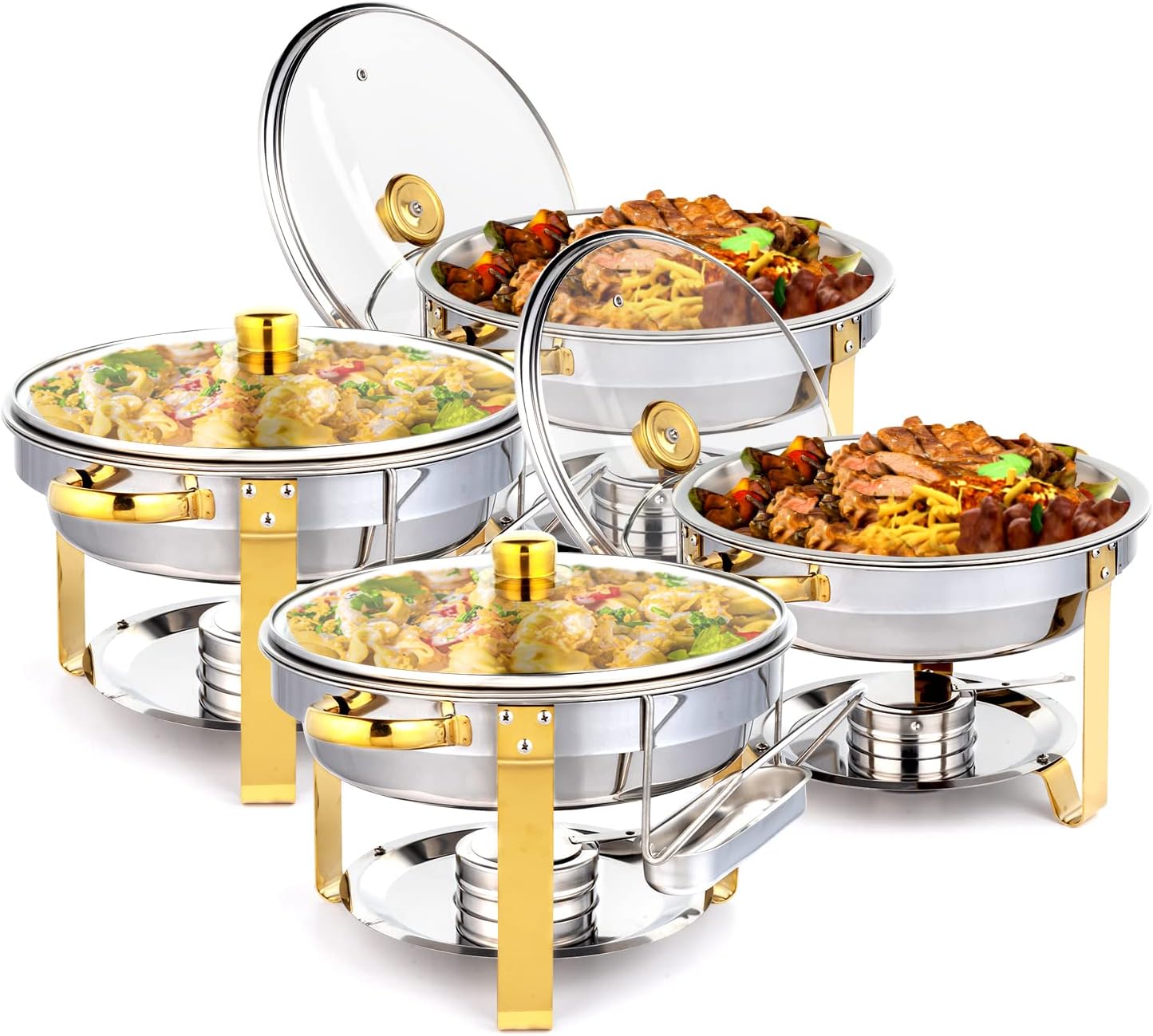 ROVSUN 5QT 4 Packs Chafing Dish Buffet Set Gold Accent, NSF Round Stainless Steel Buffet Warmer Chafers and Warmers Sets with Glass Lid & Lid Holder for Catering Events Parties Weddings Dinners