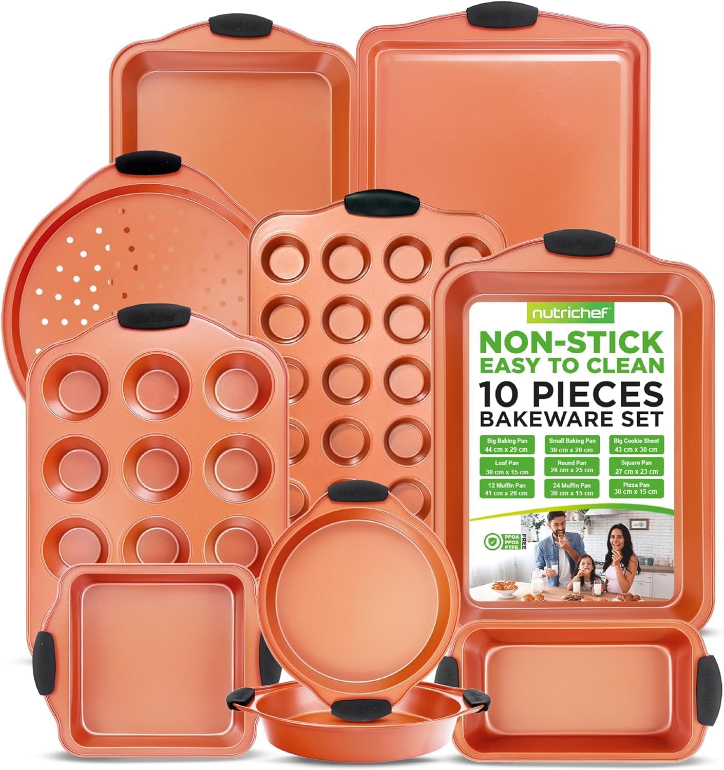 NutriChef 10-Piece Non-Stick Baking Pans Set - Premium Nonstick Carbon Steel Oven Bakeware - Includes Cookie Sheets, Muffin & Cake Pans, Pizza Crisper, Roasting Pans, w/Silicone Handles - Copper