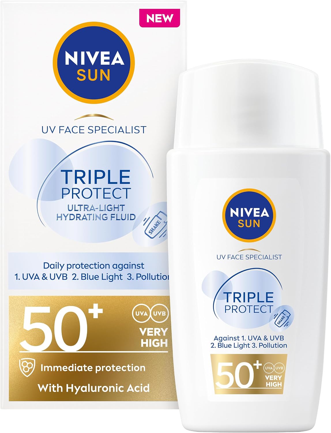 NIVEA SUN Triple Protect Light Sun Fluid SPF50+ (40ml), Face Sun Cream SPF50 with Hyaluron, Protects Against UV, Blue Light and Pollution, Daily Face Sunscreen