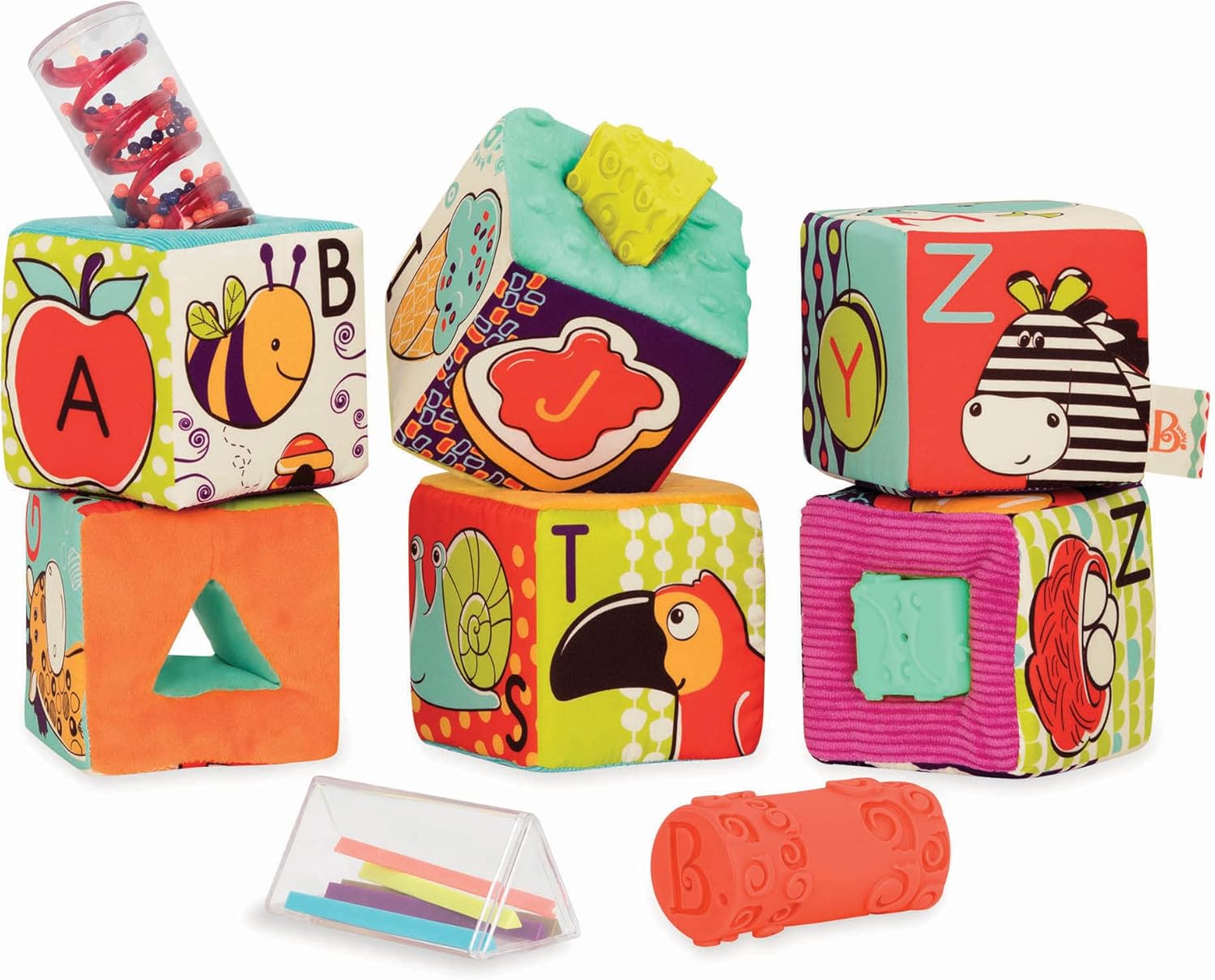 B. toys – Soft Fabric Building Blocks for Toddlers – Educational Alphabet Blocks with Textured Shapes – Stack & Play ABC Blocks for 6 Months+