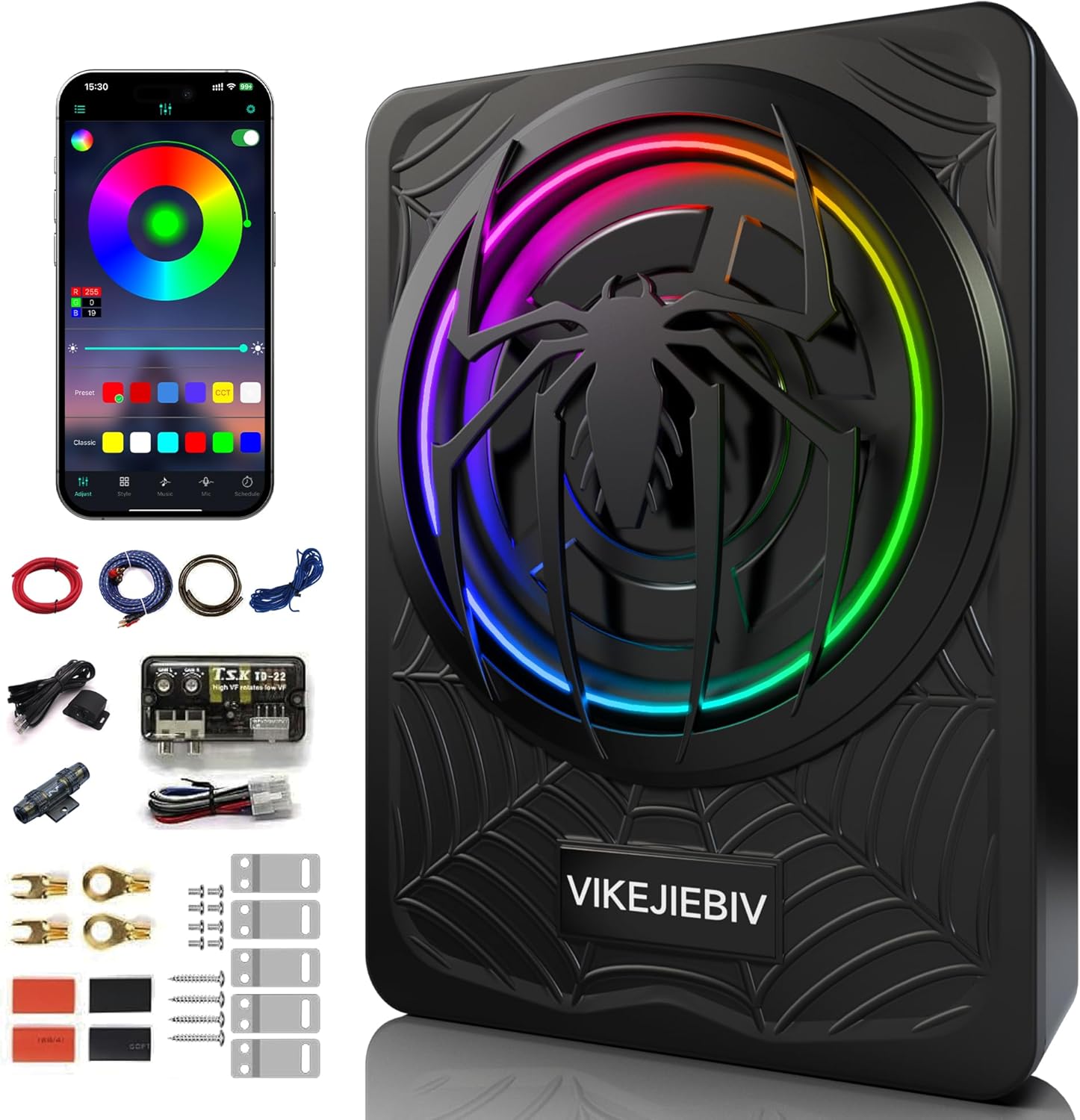 1200W RGB Subwoofer, Slim Underseat Car Subwoofer and Amp Package with RGB Beat-Synced Light, Individual Control for Low Pass/Gain/Boost Bass, Deep Bass Perfect for Truck/SUV/Jeep/MPV