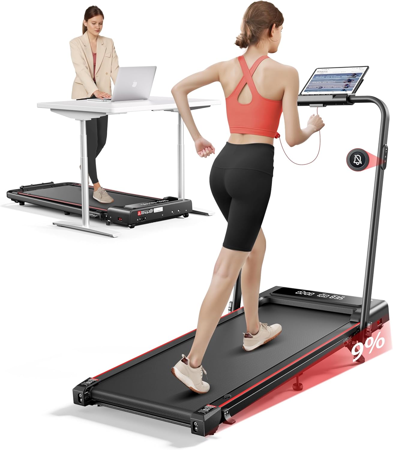 4 in 1 Folding Treadmill with 9% Incline, TOPUTURE Treadmills for Home & Office, 2.5HP Dual Display Under Desk Treadmill, 12 km/h Walking Pad, Mute Magnetic Remote, 12 Modes, App & Bluetooth