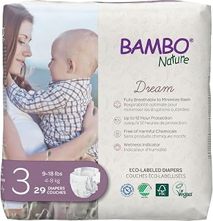 Bambo Nature Hypoallergenic Baby Diapers, Eco-Labelled Sustainable Diapers, Enhanced Leakage Protection, Totally Chlorine-Free, Skin Friendly, and Super Absorbent - Size 3 (174 Count)