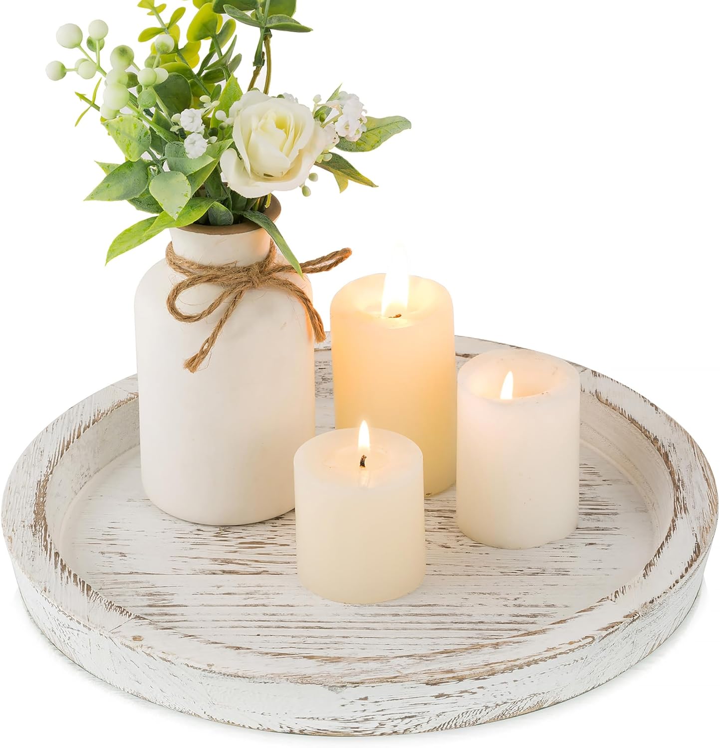 Hanobe Candle Plate Holder Tray: Round Wooden Decorative Candle Plate Small Farmhouse Table Centerpiece Rustic White Wood Tealight Pillar Trays for Home Decor