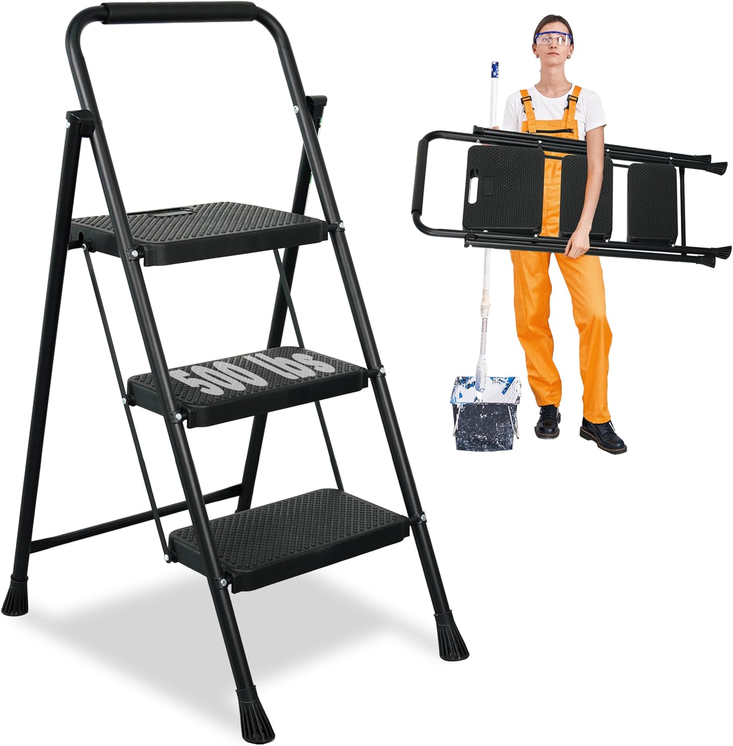 3 Step Ladder, Protable Steel Folding Stool with Wide Anti-Slip Pedal, 500lbs Sturdy Steel Ladder, Black
