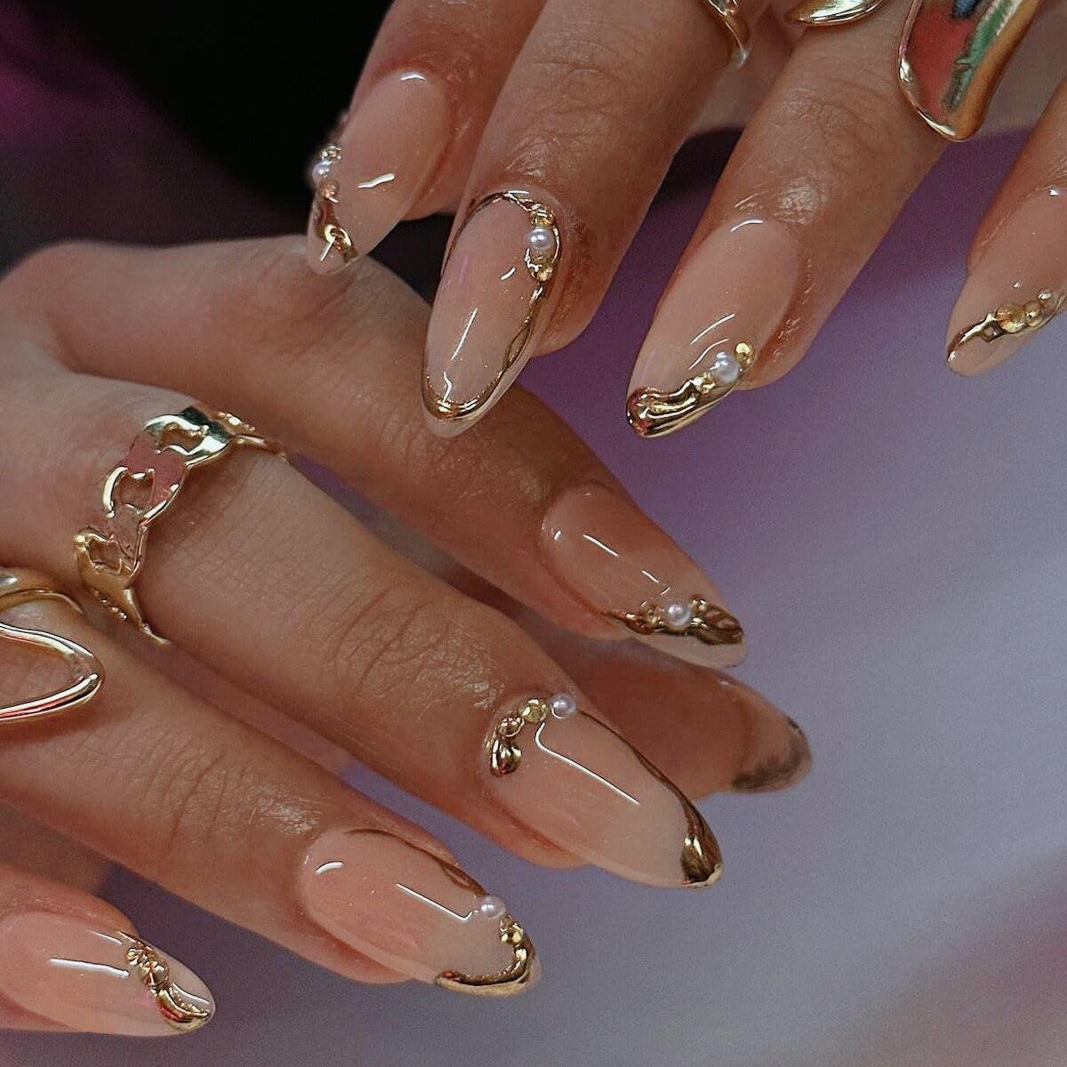 Press on Nails Almond Fake Nails French Tip False Nails with Gold Line Design Glue on Nails Press ons Medium Acrylic Nails Glossy Full Cover Stick on Nails for Women Manicure 24Pcs