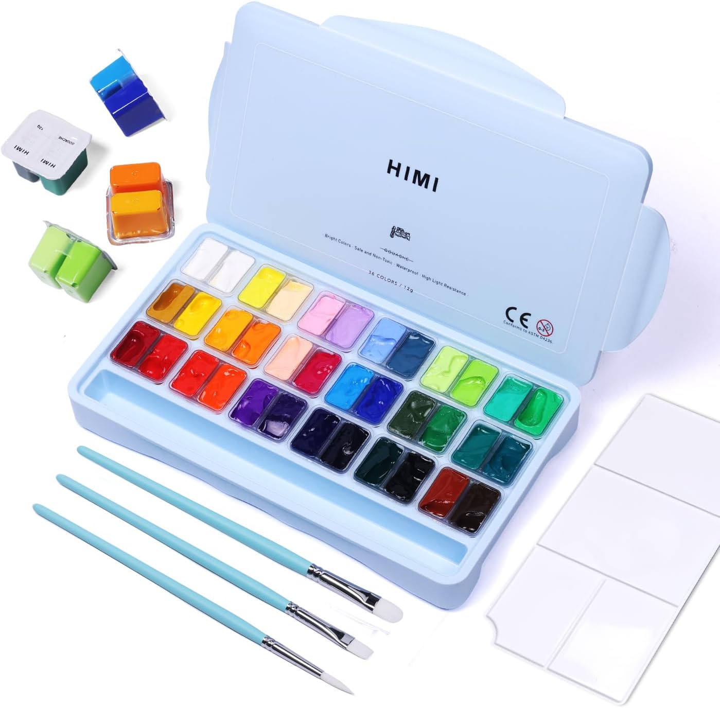 HIMI Gouache Paint Set, 36 Colors x 12ml Twin Jelly Cup Design with 3 Paint Brushes and a Palette in a Carrying Case Perfect for Artists, Students, Gouache Opaque Watercolor Painting