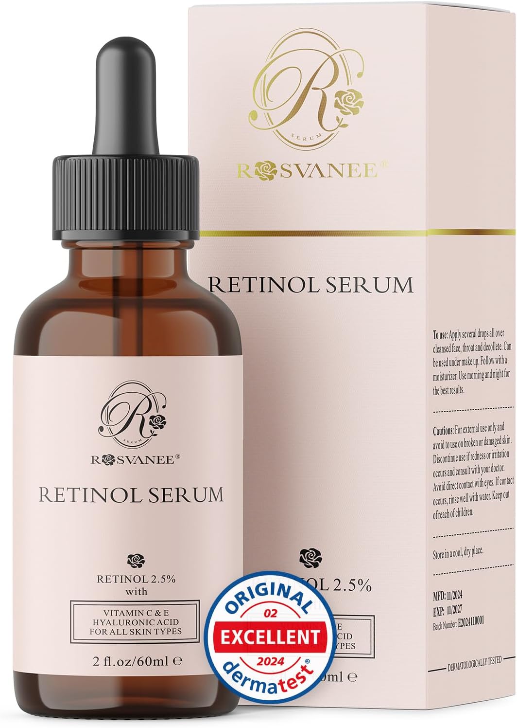 ROSVANEE Dermatologist Tested Retinol Serum for Face Big 2 oz, with 2.5% Retinol, Hyaluronic Acid, Vitamin C & E, Anti Aging Facial Serum for Skin Repair, Acne, Scar, Dark Spot, Fine Line and Wrinkles
