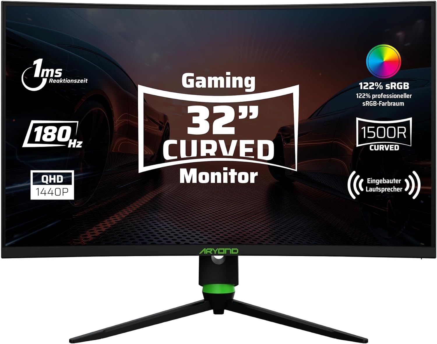 Aryond A32 V2 Gaming Curved Monitor | 32 Inch 180Hz curved QHD (2560x1440) Display | 1ms Response Time | HDR 10| FreeSync - G Sync 119.9% | SRGB | 2*Ω8 x 2W Speakers | HDMI Connection
