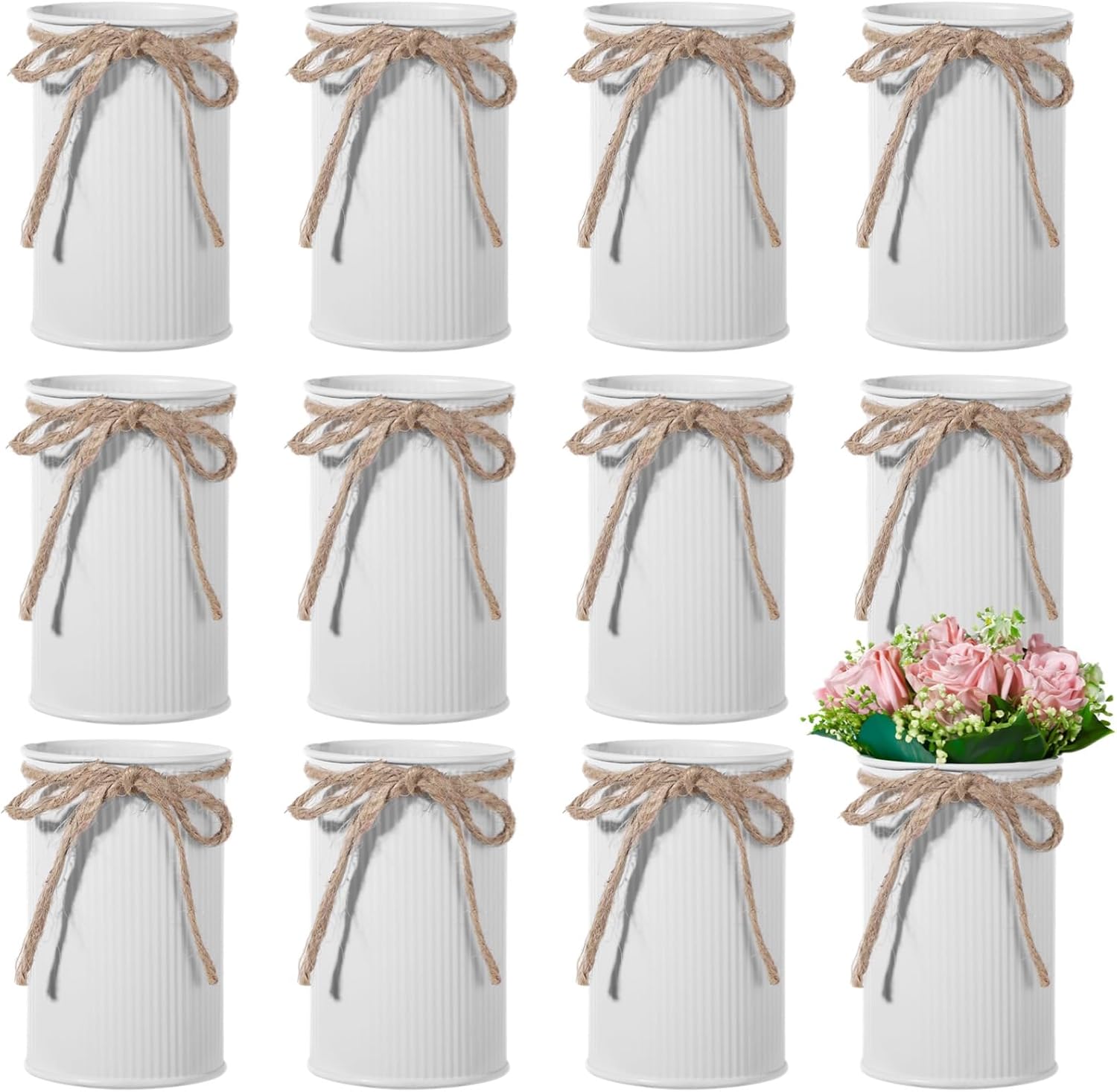 12 Pcs Metal Vases, White Farmhouse Style Galvanized Mini Decorative Vases for Wedding Centerpieces, Parties, Home Events