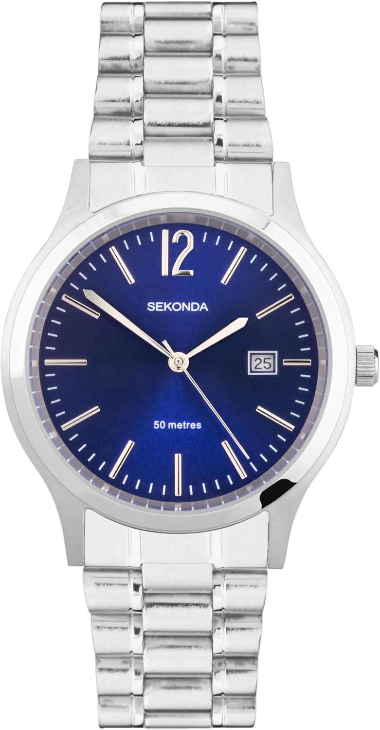 Sekonda Mens 41mm Classic Round Stainless Steel Quartz Watch with Date 50m Water Resistant