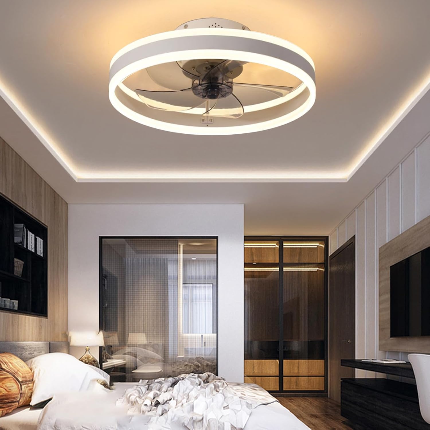 Slzyqnyy 50cm Flush Mount Ceiling Fan with Remote Control – Modern Low Profile LED Light Fixture with 3 Colour Modes & 6 Speeds – Smart Dimmable Lighting for Bedroom, Living Room, or Kitchen