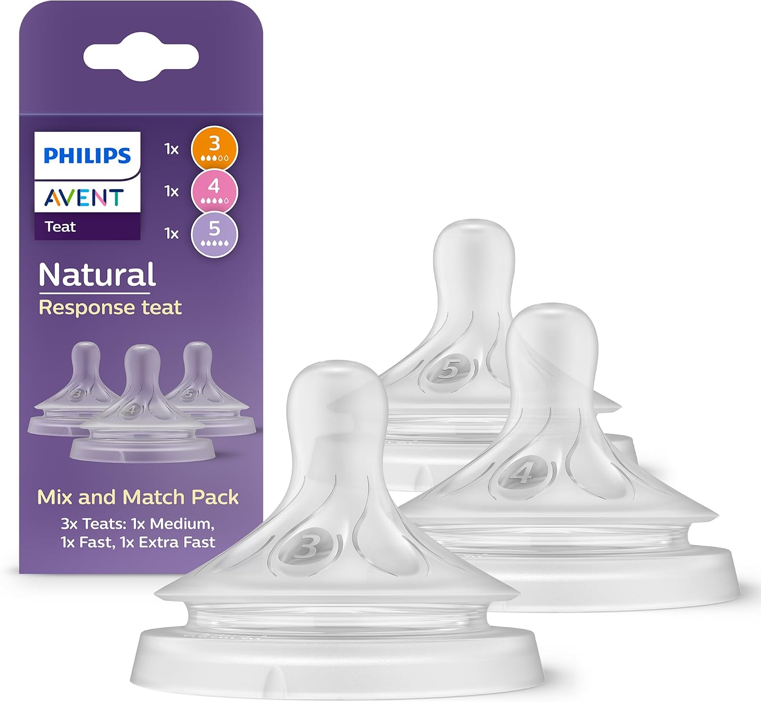 Philips Avent Natural Response Mix & Match Teat Pack, 3 Natural Response Teats with Different Flow Rates - Medium (Flow 3), Fast (Flow 4) and Extra Fast (Flow 5), 3-Pack, SCY960/03