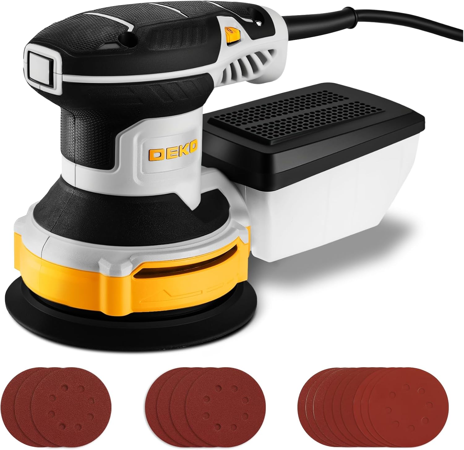 Orbital Sander Corded Hand Sander: DEKOPRO 5" Random Orbital Sander with Dust Box, 6 Various Speeds Electric Palm Sander with Dust Box, 16Pcs Sandpapers for Woodworking & Sanding-Yellow