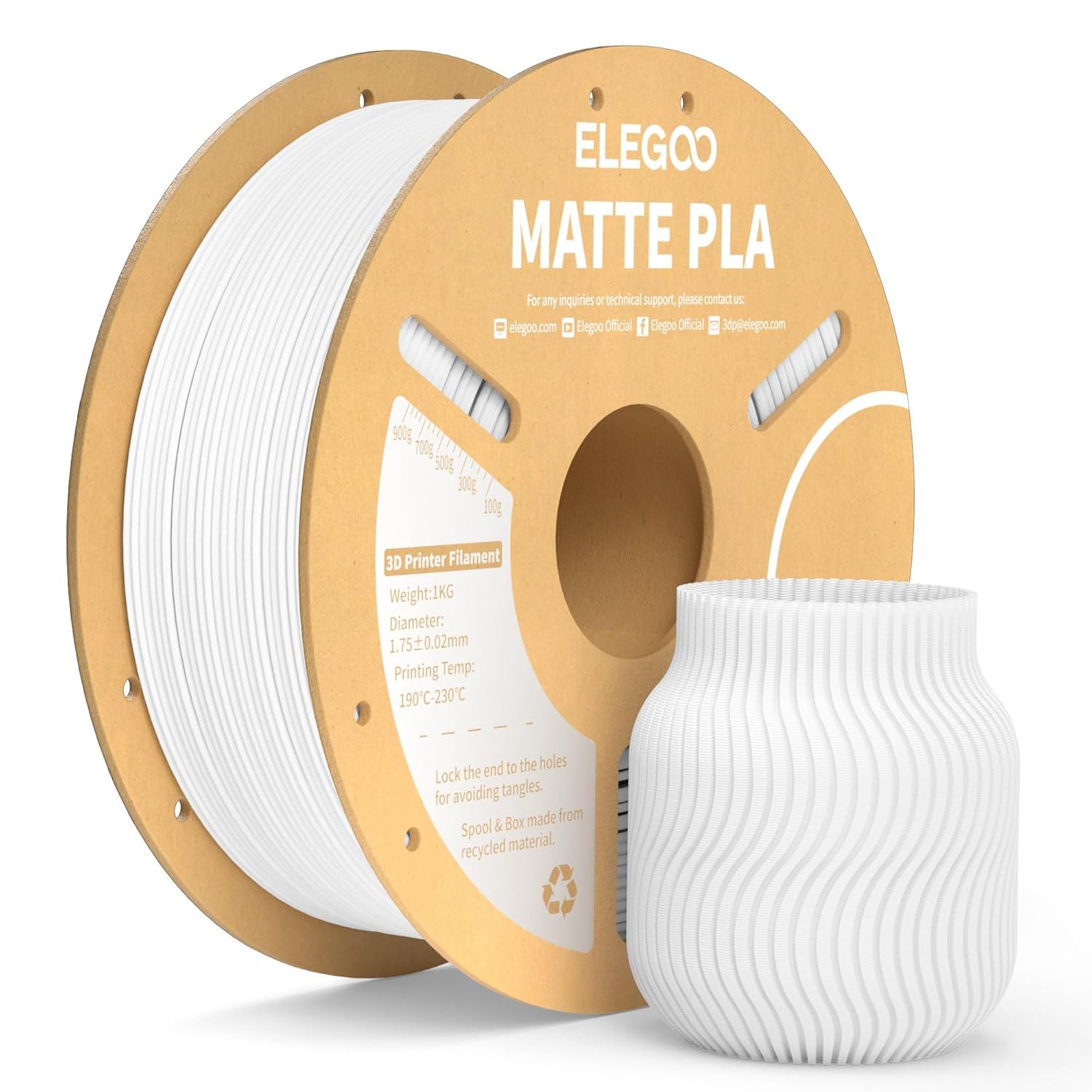 ELEGOO Matte PLA Filament Matte White 1KG, 1.75mm 3D Printer Filament Dimensional Accuracy +/- 0.02mm, 1kg Carboard Spool (2.2lbs) Fits for Most FDM 3D Printers