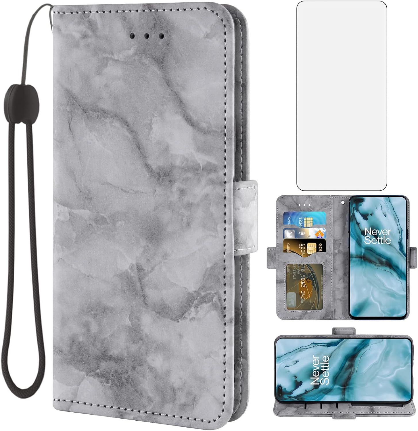 Asuwish Phone Case for OnePlus Nord with Tempered Glass Screen Protector and Marble Wallet Cover Flip Card Holder Slot Stand Cell Accessories One Plus On 1 Plus 1plus One+ 1+ 1+Nord Women Men Black