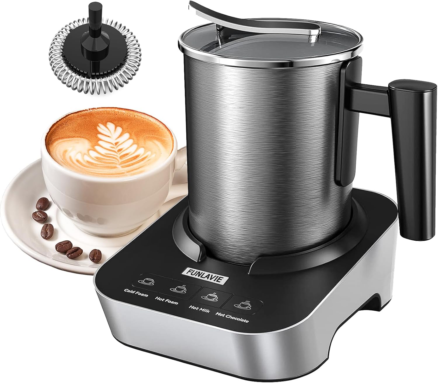 Electric Milk Frother and Steamer 4-in-1 with Stainless Steel Pitcher Cup(400ml/13.5oz), Auto Shut-Off, Hot & Cold Foam Maker and Milk Warmer for Coffee Cappuccinos, Dishwasher Safe