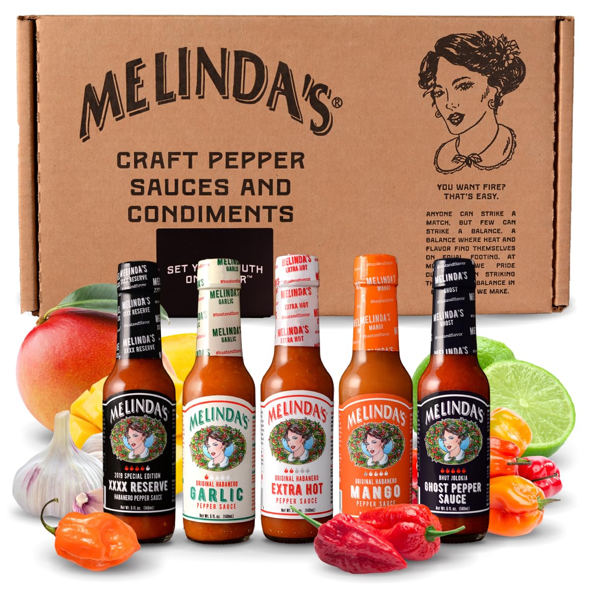 Melinda's Hot Sauce Variety Pack - Hot Sauce Sampler, 25oz 5pk | Gourmet Hot Sauce Set with Variety of Heat Levels Includes XXXXtra Reserve, Garlic Habanero, Extra Hot, Mango, Ghost Pepper