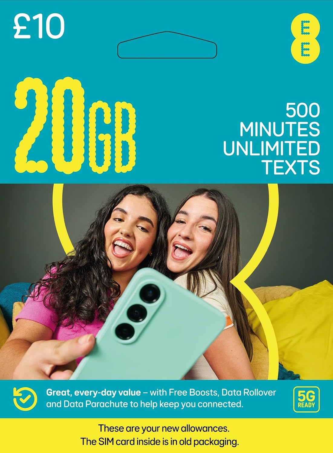 EE PAYG £10 Data Sim Includes £10 pre-paid credit, 20GB Data, 500 Minutes and Unlimited Texts (EE £10-20GB)