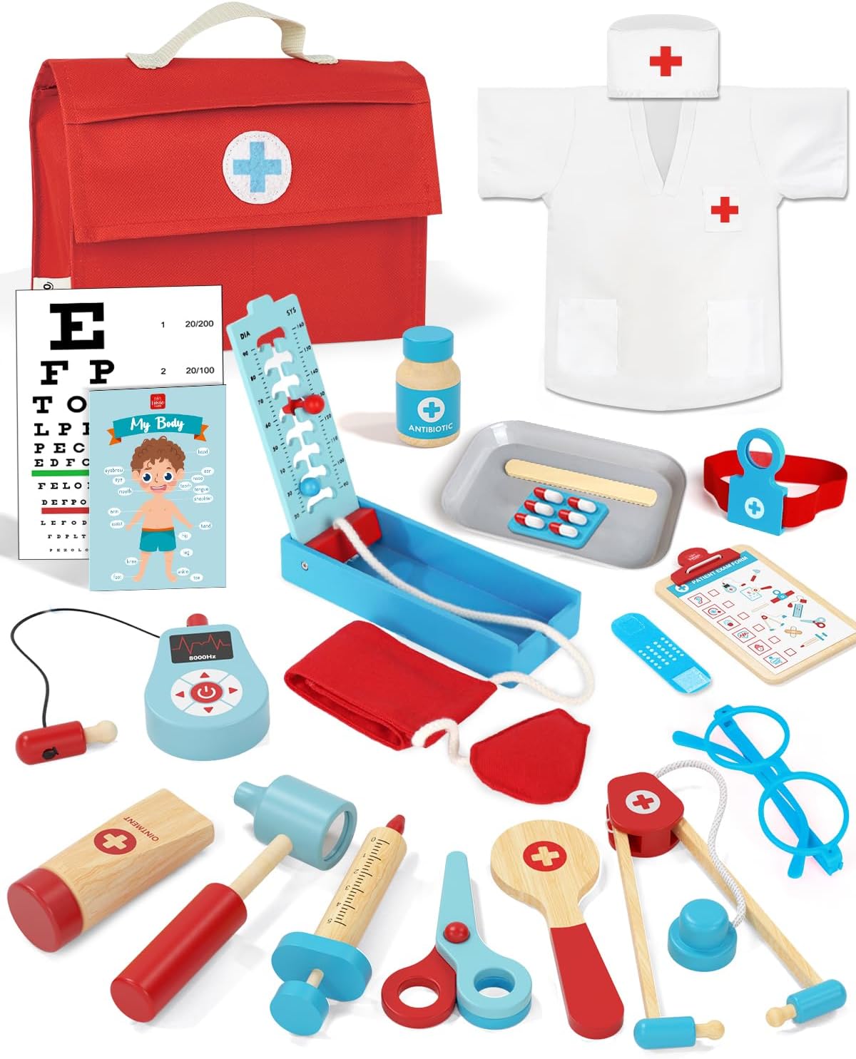 Lehoo Castle Doctors Set for Kids, Toys for 3 Year Old Boys, Wooden Kids Doctors Kit with Doctor Costume, 3 Year Old Boy Toys(Blue)