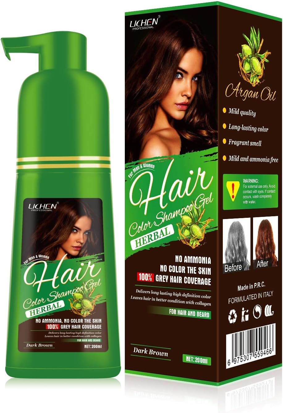 LICHEN PROFESSIONAL 2in1 Hair Color Shampoo Gel Pump Applicator 200ml Dark Brown (Dark Brown)