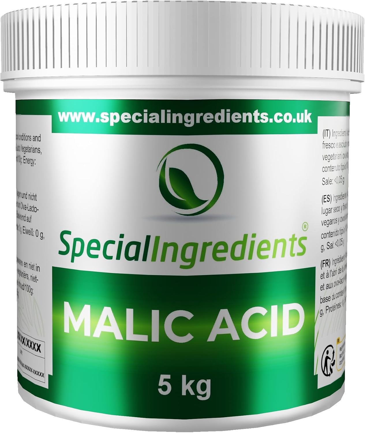 Special Ingredients Malic Acid Powder 5kg Premium Quality Natural Origin - Vegan, Non-GMO - Recyclable Container