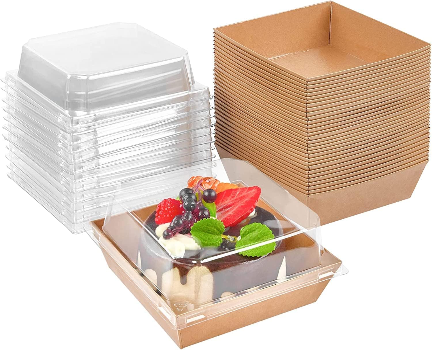 LATERN 50Pcs Cake Slice Boxes with Clear Lids, 12CM Oil-Proof Paper Charcuterie Boxes Dessert Boxes Food Containers Cupcake Boxs Takeaway Boxes for Bakery Macaron Sandwich Cookies (Brown)