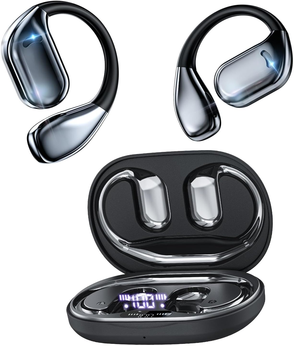 Open Ear Bluetooth 5.4 Headphones: IP55 Waterproof Sport Earbuds with Touch Control & LED Display, Ergonomic Air Silicone Ear Hooks for Secure Fit. Directional Audio for Running, Cycling and Workouts