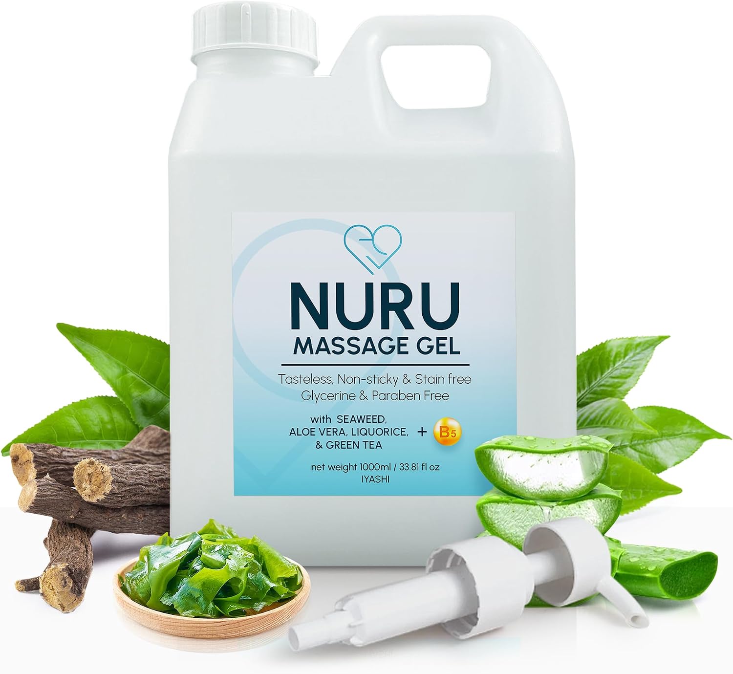 Nuru Massage Gel 1000ml Rectangle, Organic Aloe Vera & Seaweed, Water Based