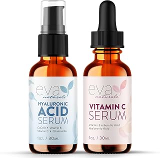 Eva Naturals Hydrate and Brighten Skincare Bundle - Includes Hyaluronic Acid Serum and 20% Vitamin C Serum - Restores Lost Moisture, Plumps Skin while Toning and Smoothing the Complexion